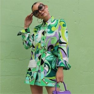 NWT ZARA Green☘️ Printed Satin Shirt